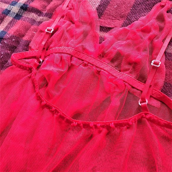 Red sheer babydoll lingerie sleepwear dress with open front slit OS - Picture 9 of 9